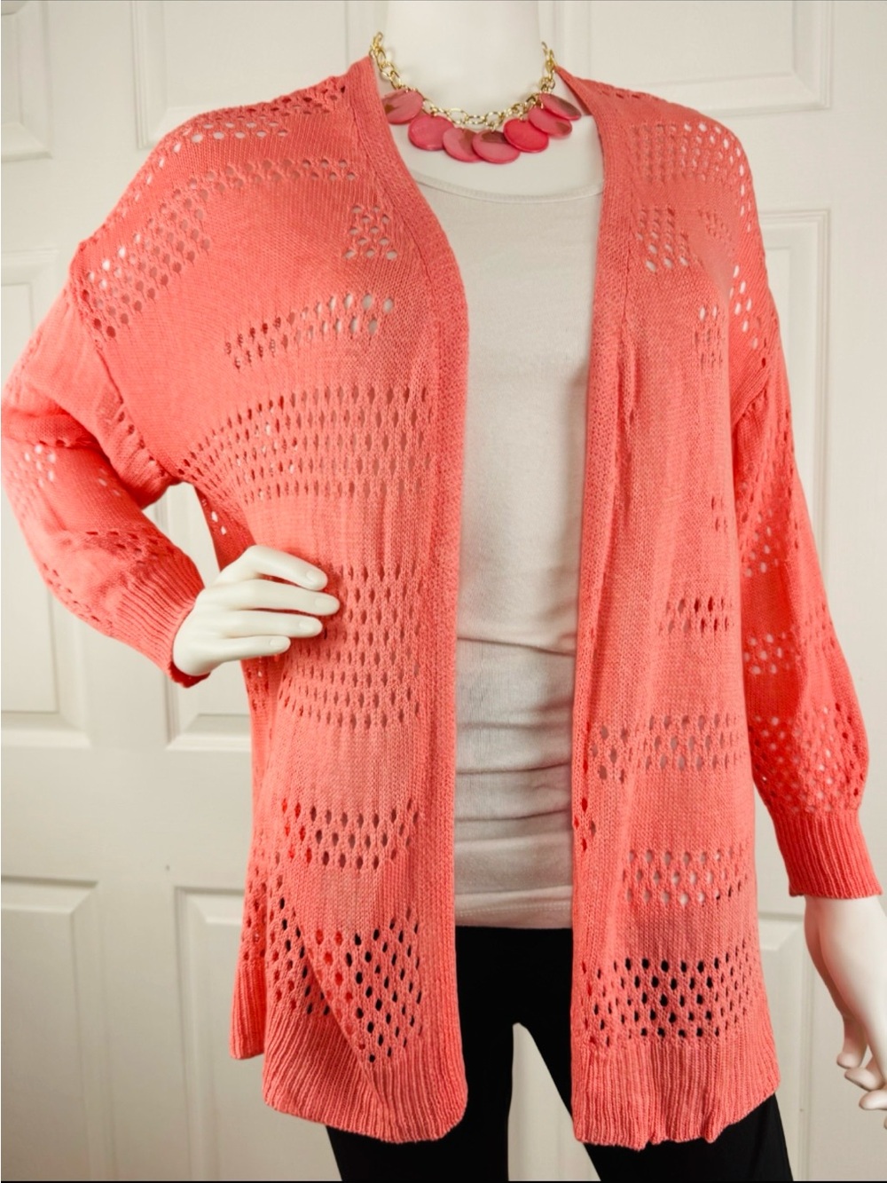 Open-Front Coral Knit Cardigan Sweater